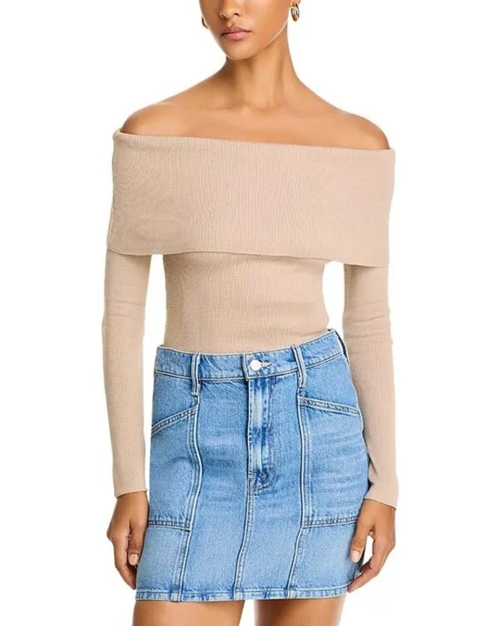 Vintage Havana Women Oat Beige Knit Off The Shoulder Slim Sweater Size S
